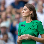 LONDON, ENGLAND - JULY 16.  Catherine, Princess of Wales, at the trophy presentation ceremony after the Gentlemen's Singles Final match on Centre Court during the Wimbledon Lawn Tennis Championships at the All England Lawn Tennis and Croquet Club at Wimbledon on July 16, 2023, in London, England. (Photo by Tim Clayton/Corbis via Getty Images)