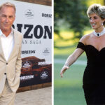 Kevin Costner posing at event and Princess Diana in a dress