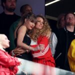 LAS VEGAS, NEVADA - FEBRUARY 11: Rapper Ice Spice, Singer Taylor Swift and Actress Blake Lively hug prior to Super Bowl LVIII between the San Francisco 49ers and Kansas City Chiefs at Allegiant Stadium on February 11, 2024 in Las Vegas, Nevada. (Photo by Ezra Shaw/Getty Images)