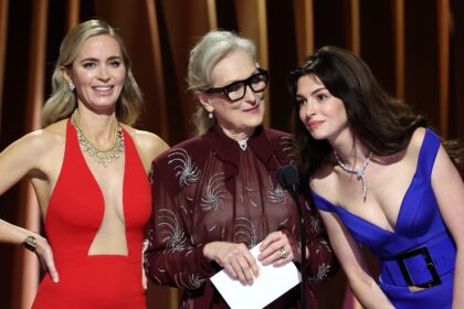 LOS ANGELES, CALIFORNIA - FEBRUARY 24: (L-R) Emily Blunt, Meryl Streep, and Anne Hathaway speak onstage during the 30th Annual Screen Actors Guild Awards at Shrine Auditorium and Expo Hall on February 24, 2024 in Los Angeles, California. (Photo by Matt Winkelmeyer/Getty Images)