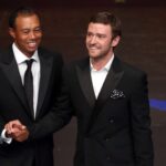 ROSEMONT, IL - SEPTEMBER 26:  Tiger Woods of the USA tallks with Justin Timberlake during the 39th Ryder Cup gala at Akoo Theatre at Rosemont on September 26, 2012 in Rosemont, Illinois.  (Photo by Andrew Redington/Getty Images)