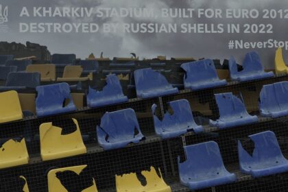 Remains of Ukrainian stadium damaged by Russia find home in Berlin