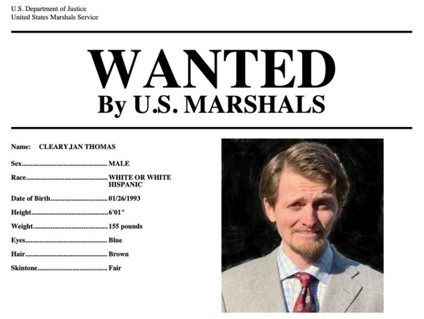 This wanted poster provided by the U.S. Marshals shows Ian Cleary, of Saratoga, Calif. (U.S. Marshals via AP, FILE)