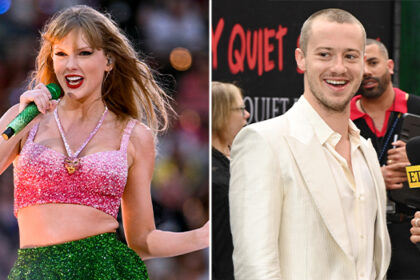 Taylor Swift at concert and Joseph Quinn at an event.