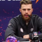 LAS VEGAS, NV - FEBRUARY 5: Harrison Butker #7 of the Kansas City Chiefs speaks with the media during Super Bowl LVIII Opening Night at Allegiant Stadium on February 5, 2024 in Las Vegas, NV. (Photo by Perry Knotts/Getty Images)