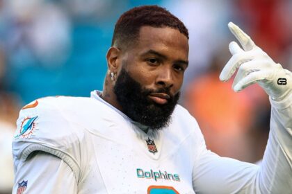 MIAMI GARDENS, FLORIDA - NOVEMBER 24: Odell Beckham Jr. #3 of the Miami Dolphins warms up prior to the game against the New England Patriots at Hard Rock Stadium on November 24, 2024 in Miami Gardens, Florida. (Photo by Carmen Mandato/Getty Images)