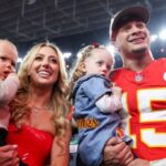 LAS VEGAS, NV - FEBRUARY 11: Patrick Mahomes #15 of the Kansas City Chiefs celebrates with his family after Super Bowl LVIII against the San Francisco 49ers at Allegiant Stadium on February 11, 2024 in Las Vegas, NV. (Photo by Perry Knotts/Getty Images)