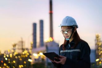 Petrochemical engineer working at night with digital tablet inside oil and gas refinery plant